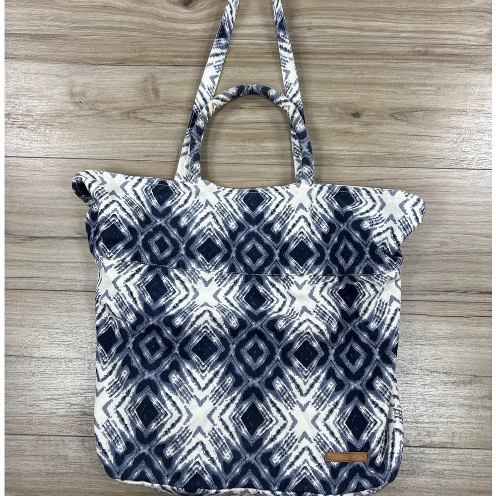 Billabong Market Bag Beach Tote Blue White Ikat Diamond Geometric Canvas Handbag